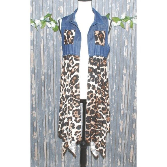 NWT Boutique Denim & Cheetah Print Vest Western Duster Sleeveless Jacket Size S - Picture 2 of 10